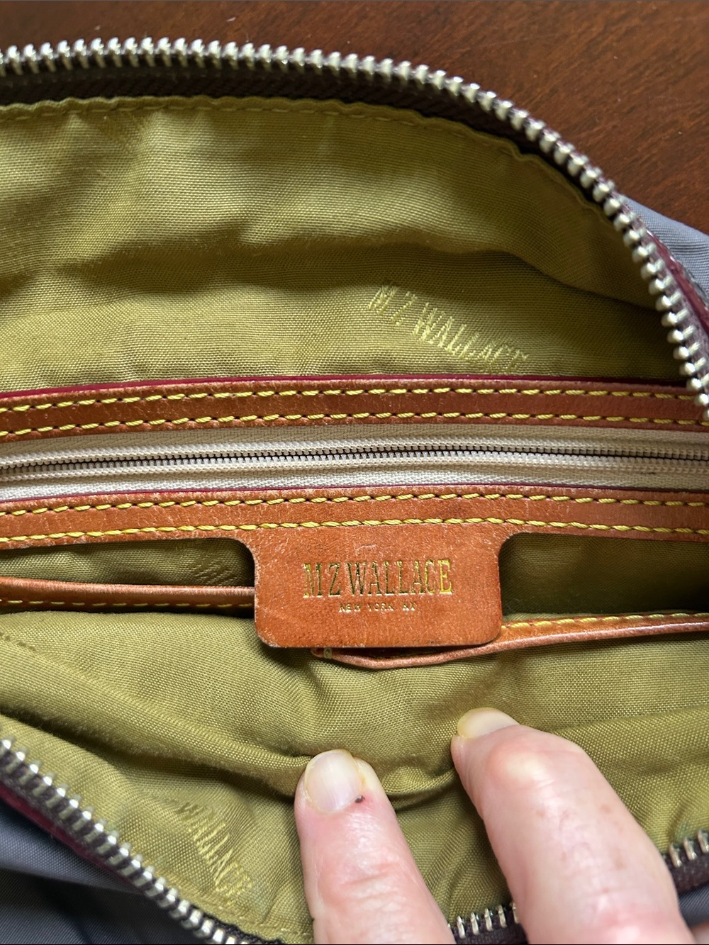 MZ Wallace Olive Green Interior Crossbody with Tan Leather Trim - Picture 2 of 7
